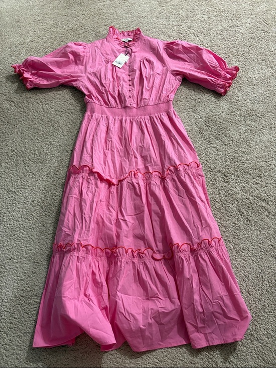 Avara Dresses & Skirts - Women’s Pink Tiered Midi Dress with Ruffle Trim